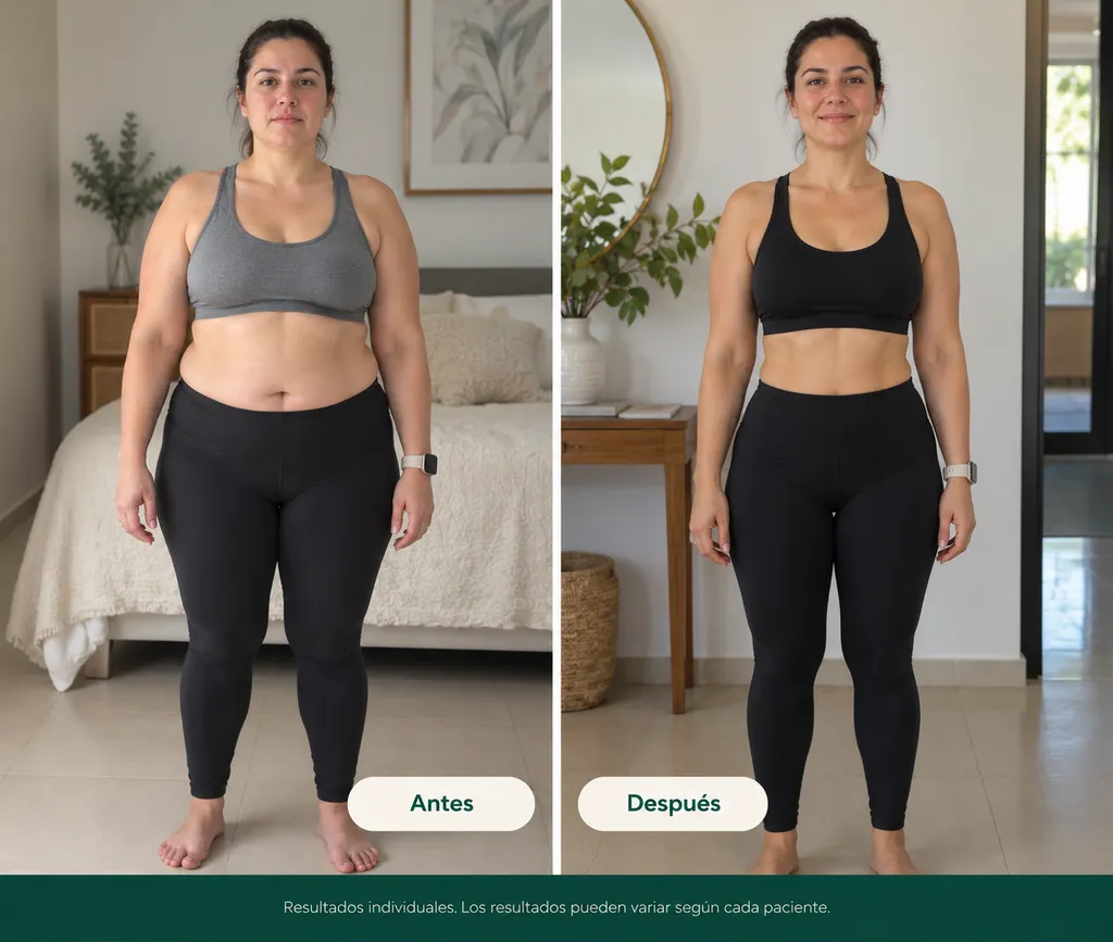 Fotos de seguimiento (antes y después) de una paciente de Consultorios DAG en manejo de peso, de frente con ropa deportiva