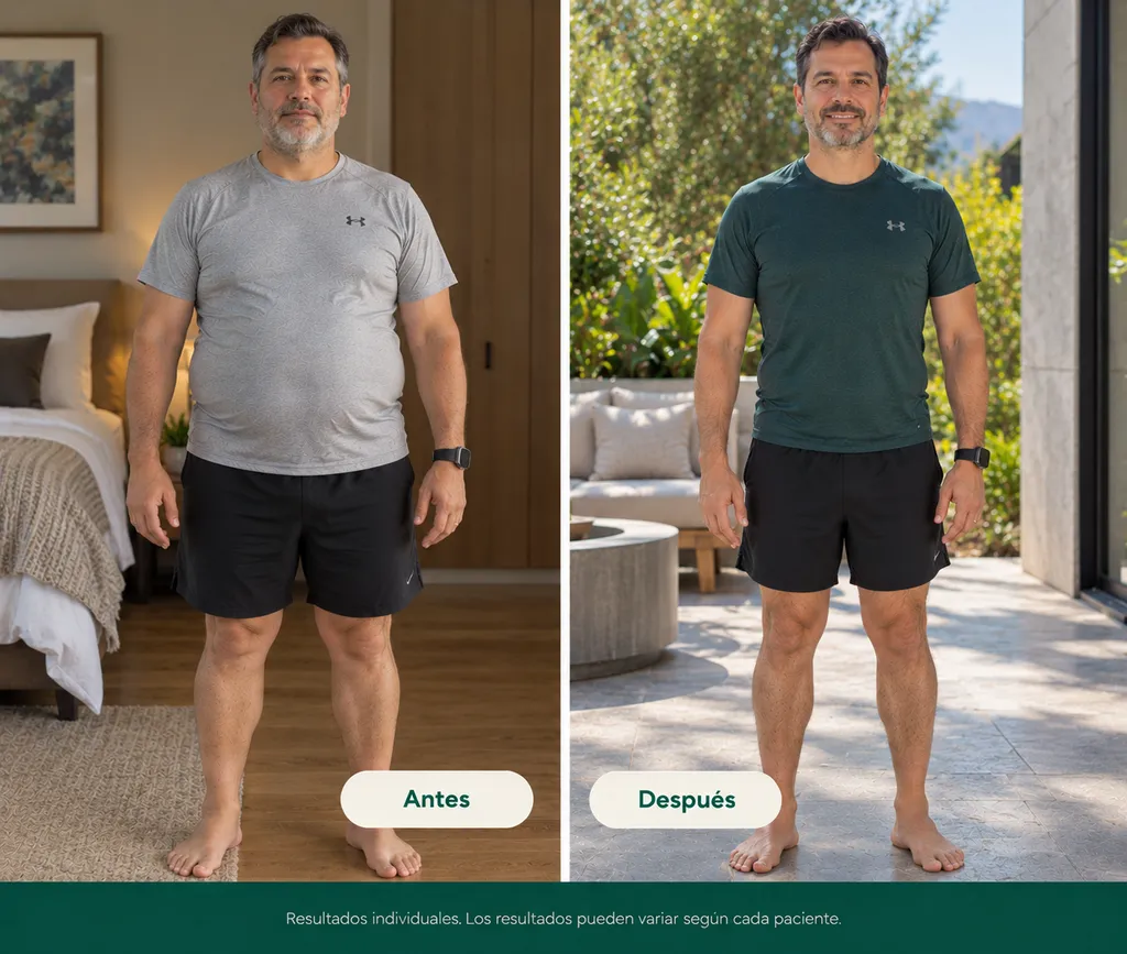 Fotos de seguimiento (antes y después) de un paciente de Consultorios DAG en manejo de peso, de frente con camiseta